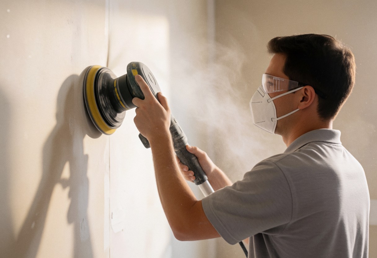 Wall repair technician using an electric sander on a wall, wearing a dust mask and safety glasses, with dust floating in warm afternoon light.