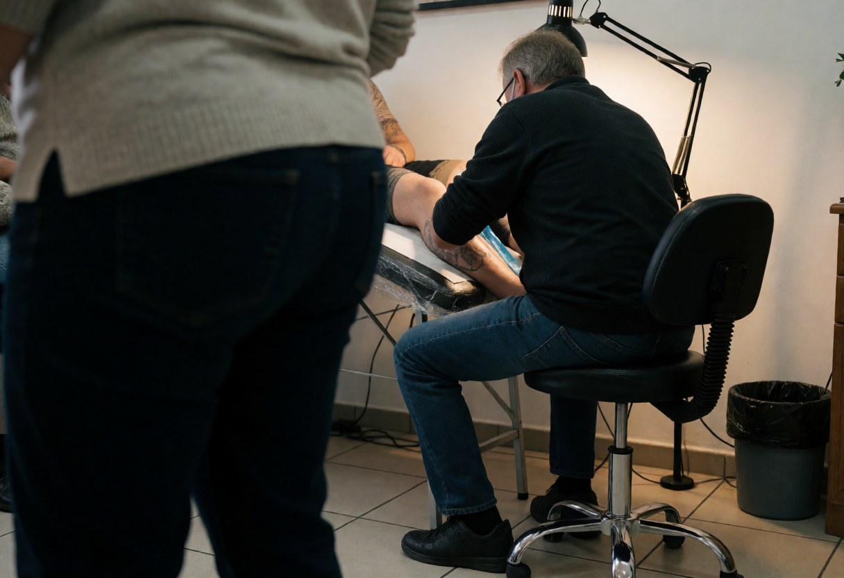 Tattoo artist wearing glasses and a black shirt sits in a chair, working on a client's leg under a desk lamp in a tiled studio.