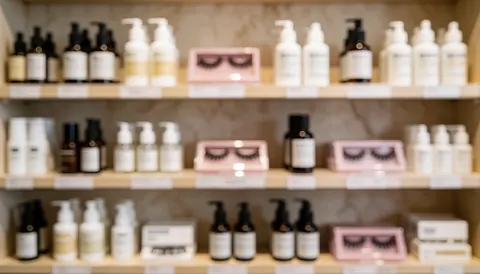 Soft focus background of store shelves stocked with eyelash products and serums, featuring warm lighting and neutral tones suitable for commercial text overlays.