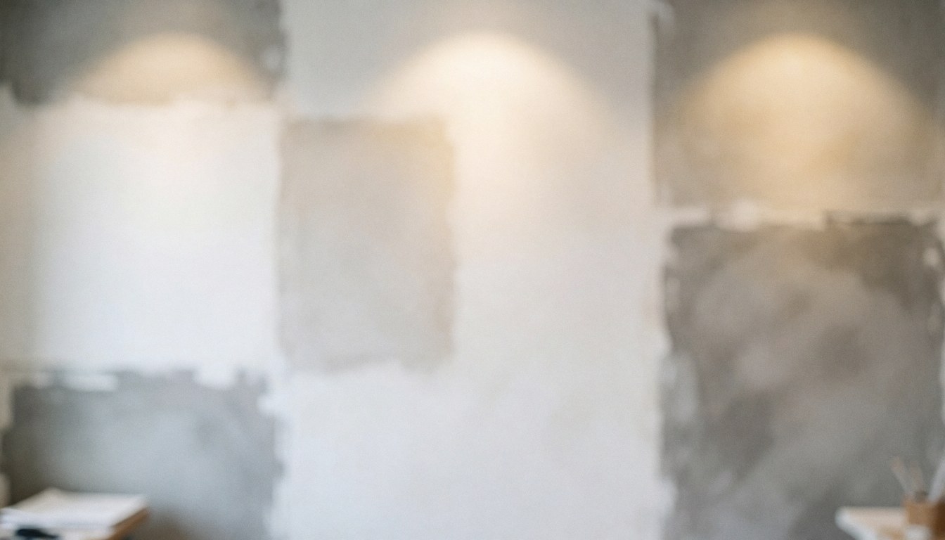 Out of focus wall featuring white and gray plaster samples with warm lighting, providing a neutral backdrop suitable for business text overlays.