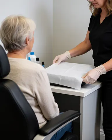 A technician wearing gloves carefully places a sterile drape over a client chair in a clean modern piercing studio