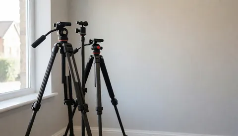 Three professional carbon fiber tripods in a gray studio with natural window light and text space on the right