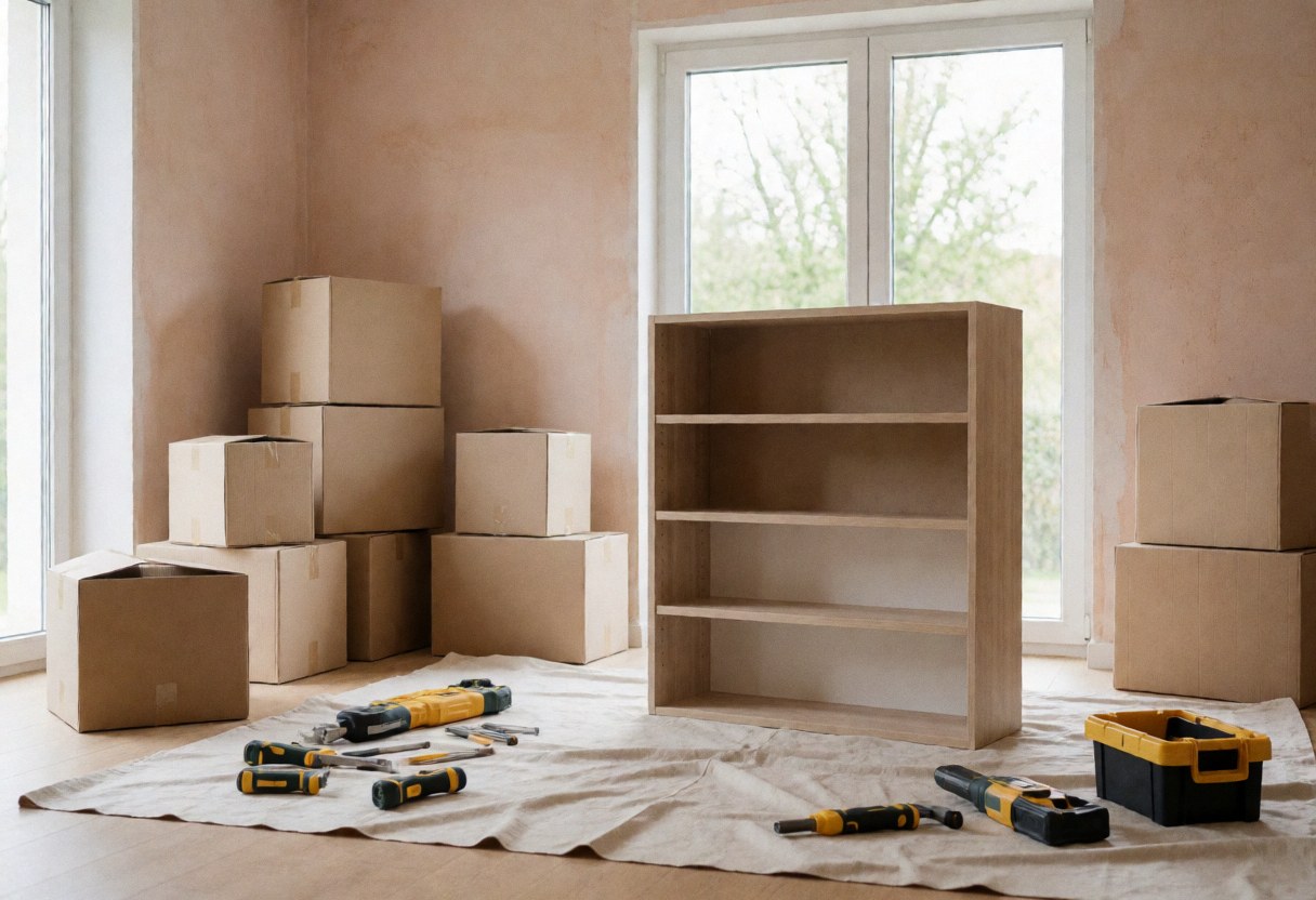 Assembled wooden furniture in a living room with boxes and tools on a protective cloth, terracotta walls, and natural light from a window.
