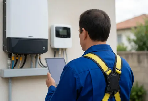 Technician in blue uniform checks a wall-mounted solar inverter using a tablet during a residential repair service.