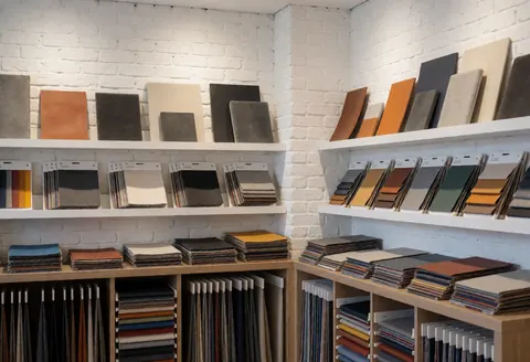 Shelves displaying fabric and leather samples organized by color and texture against a white brick wall with bright lighting