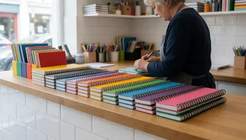 Rows of colorful notebooks arranged on a tiled counter with natural light and a person working in the background
