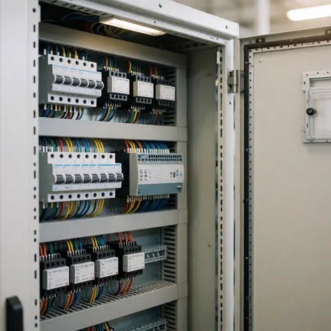 Open industrial electrical panel showing organized PLC circuits, relays, and cables with soft lighting against an industrial background