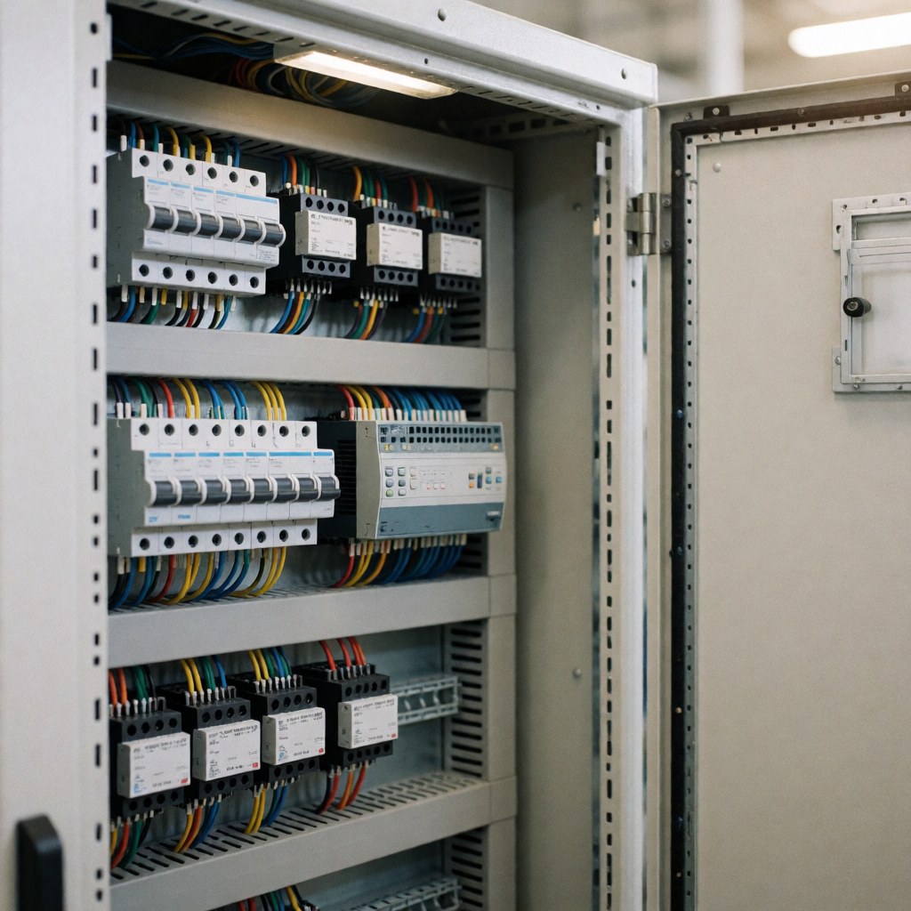 Open industrial electrical panel showing organized PLC circuits, relays, and cables with soft lighting against an industrial background