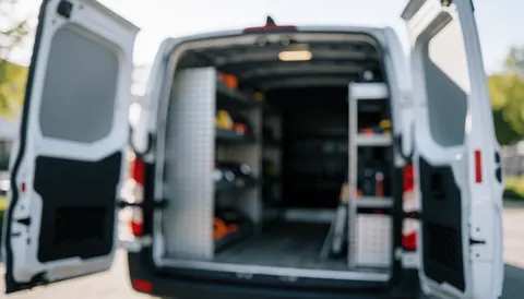 Blurred background of a service van equipped with tools, suitable for mobile repair text overlays in a professional setting