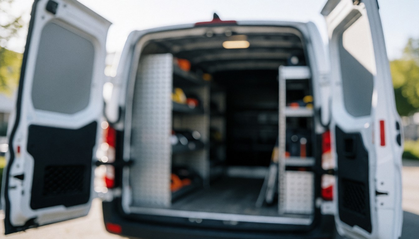 Blurred background of a service van equipped with tools, suitable for mobile repair text overlays in a professional setting