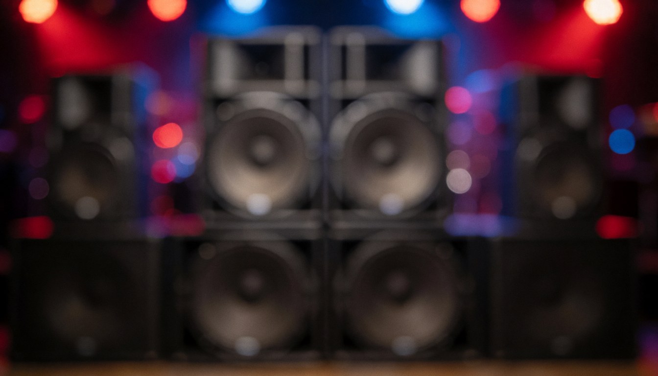 Stage speakers with blurred red and blue background lights, ideal for text overlay