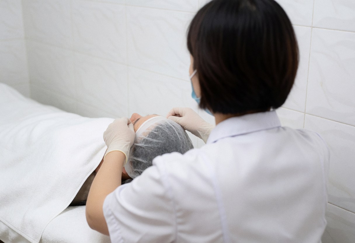 Dermatologist adjusting a cooling hood on a client resting on a treatment table in a clinical setting
