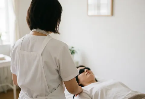 Therapist in white apron monitoring client receiving LED acne treatment with protective eyewear in a clean clinical setting