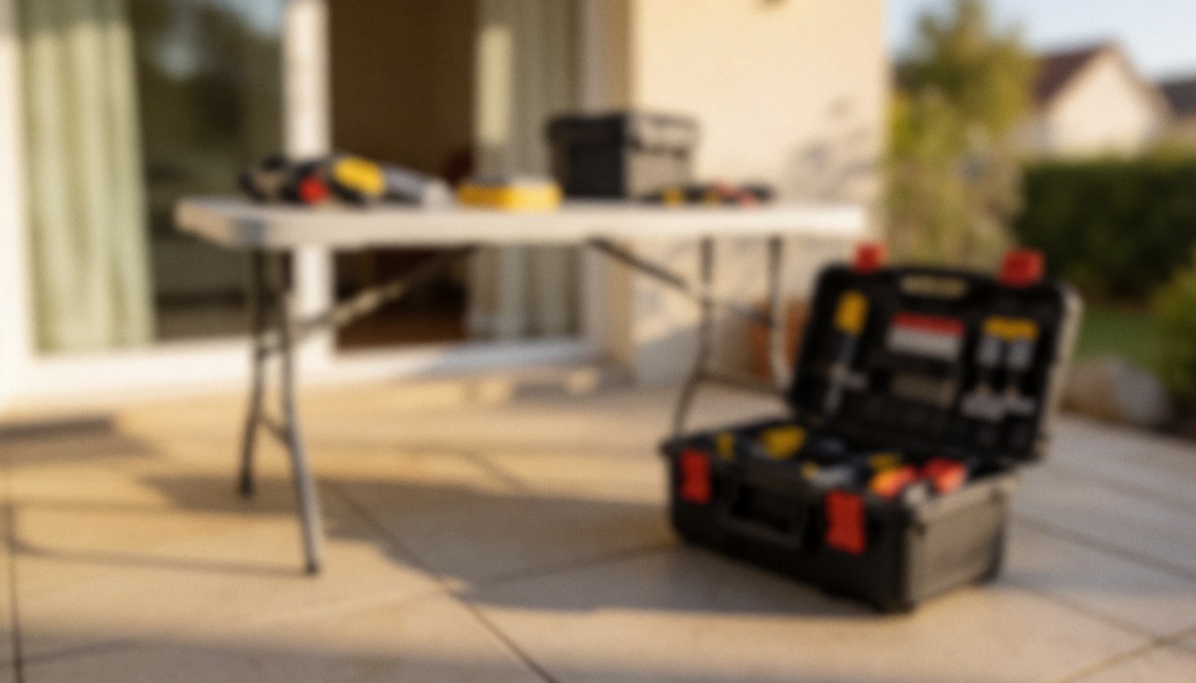 Open toolbox and folding table on a patio background with soft bokeh lighting, suitable for stove repair service imagery.