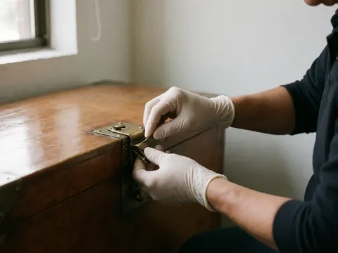 Close-up of gloved hands applying wax to a metal hinge on a wooden box, highlighting furniture restoration details and natural light texture.