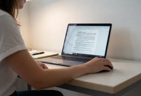 Student reviewing a document with edits on a laptop in a clean professional setting with a notebook and pen on the desk