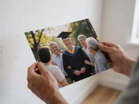 Adult hands holding a printed graduation photo against a white wall with soft natural light