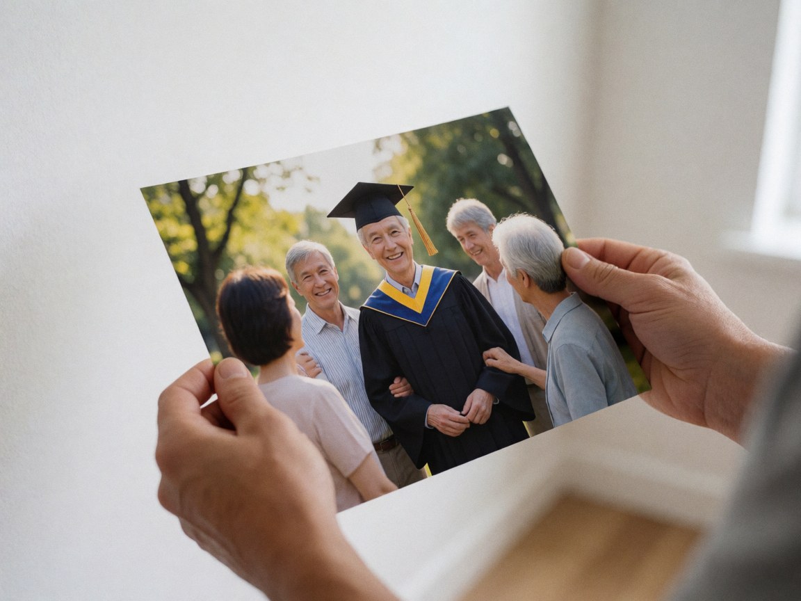 Adult hands holding a printed graduation photo against a white wall with soft natural light