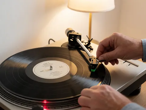Hands placing the needle on a tango vinyl record, illuminated by a warm lamp in a room with white walls.