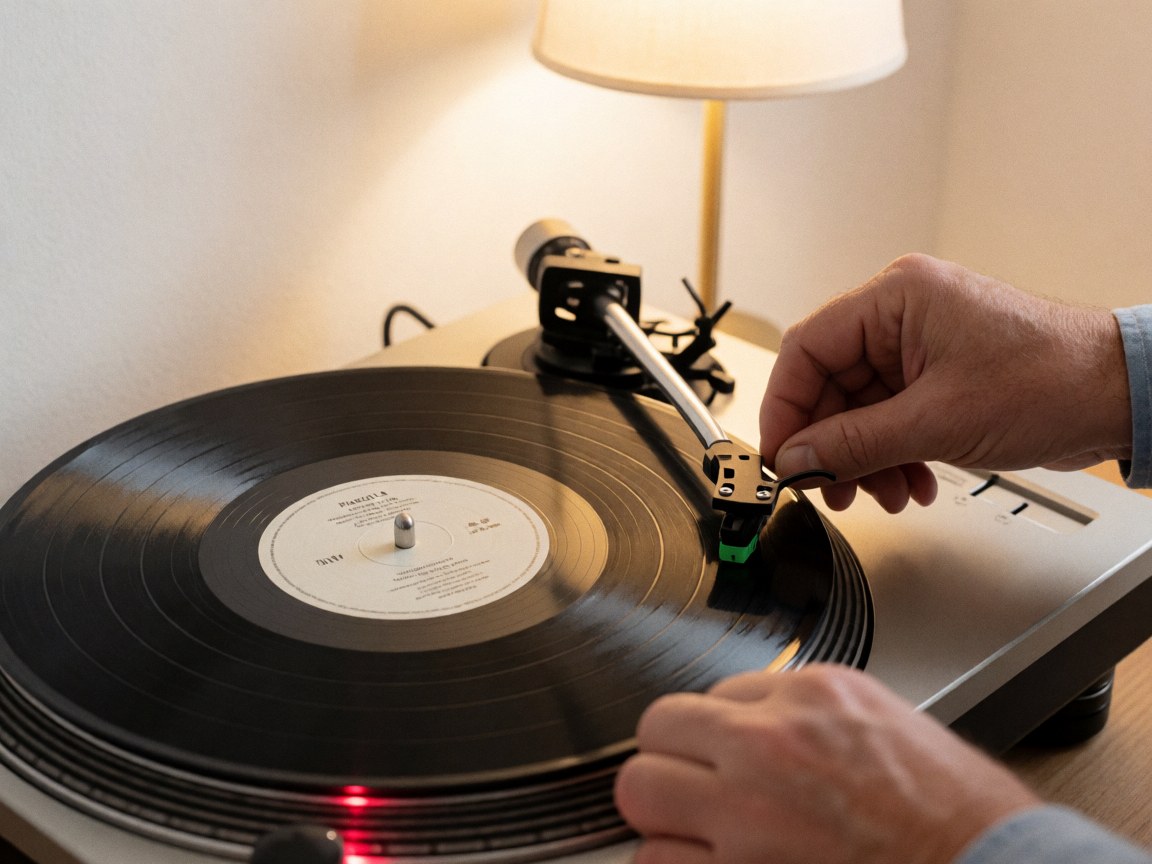 Hands placing the needle on a tango vinyl record, illuminated by a warm lamp in a room with white walls.