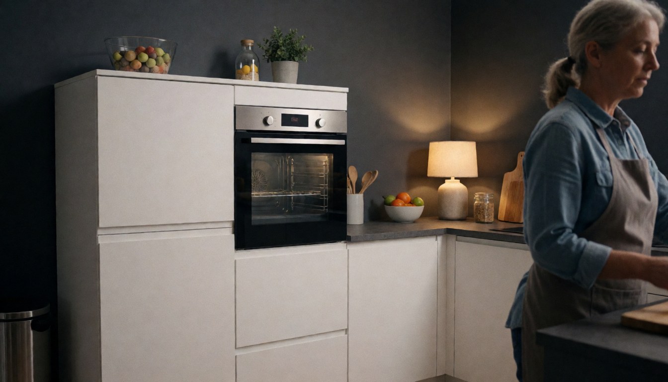 A woman in profile working in a modern kitchen with a built-in oven, gray walls, and warm lamp lighting.