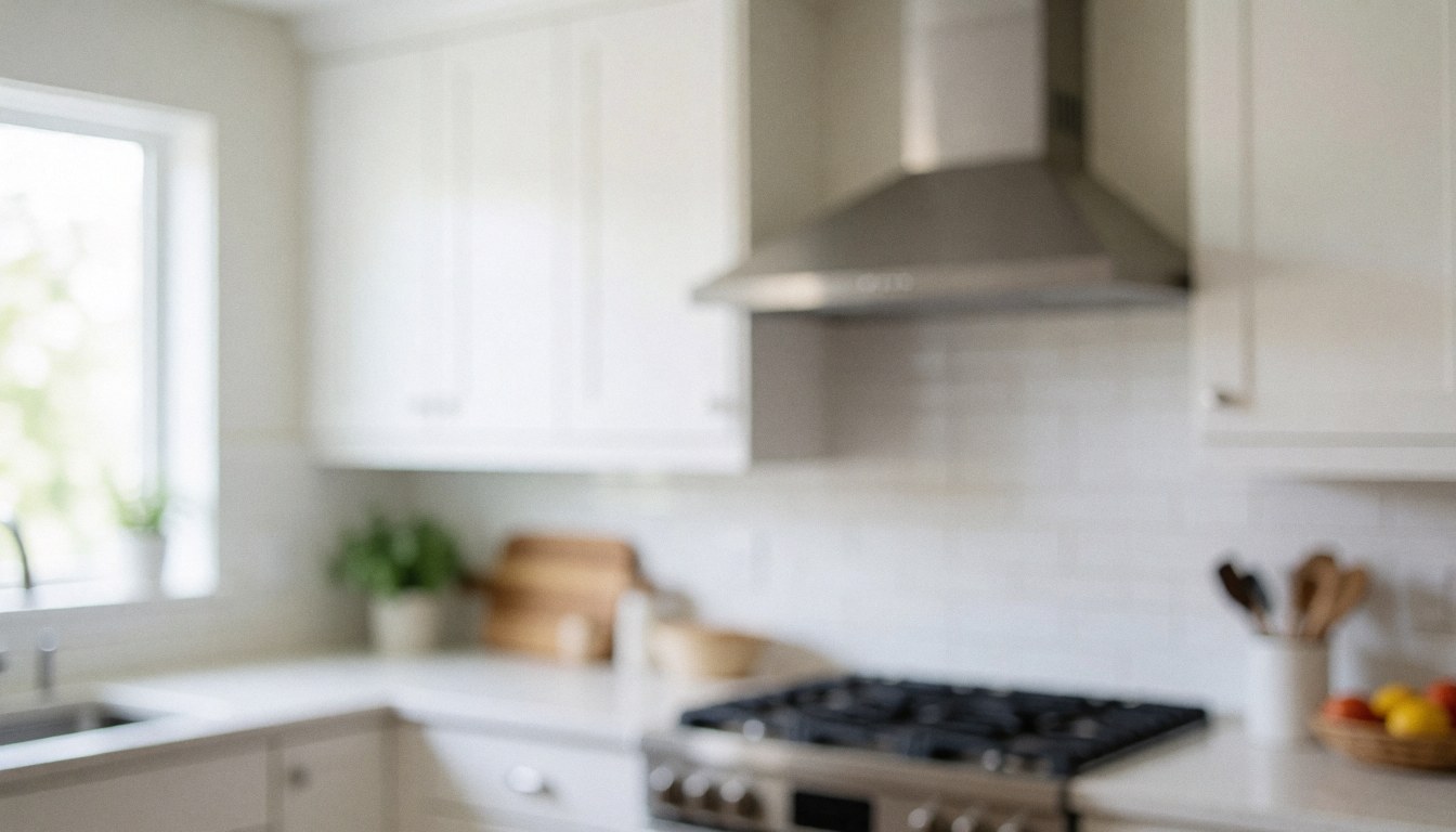 Modern kitchen featuring a stainless steel range hood, white cabinets, and natural light, suitable as a professional text background.