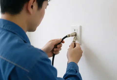 Close-up of technician hands connecting black coaxial cable to white wall outlet during professional antenna installation service