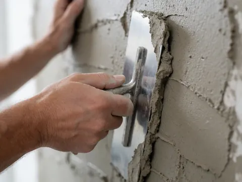Close-up of a hand using a metal trowel to apply decorative mortar onto a brick wall, highlighting the texture and application process.