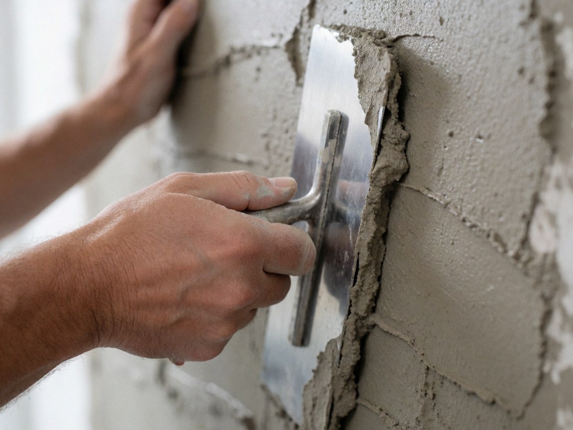 Close-up of a hand using a metal trowel to apply decorative mortar onto a brick wall, highlighting the texture and application process.