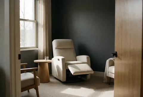 Empty hypnotherapy room featuring a beige recliner, wooden table, charcoal gray walls, and natural light from a window with curtains.