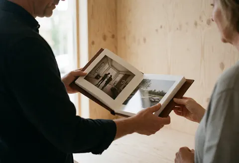 A professional photographer displays a high-quality photo album to a client in a modern studio with light wood walls.