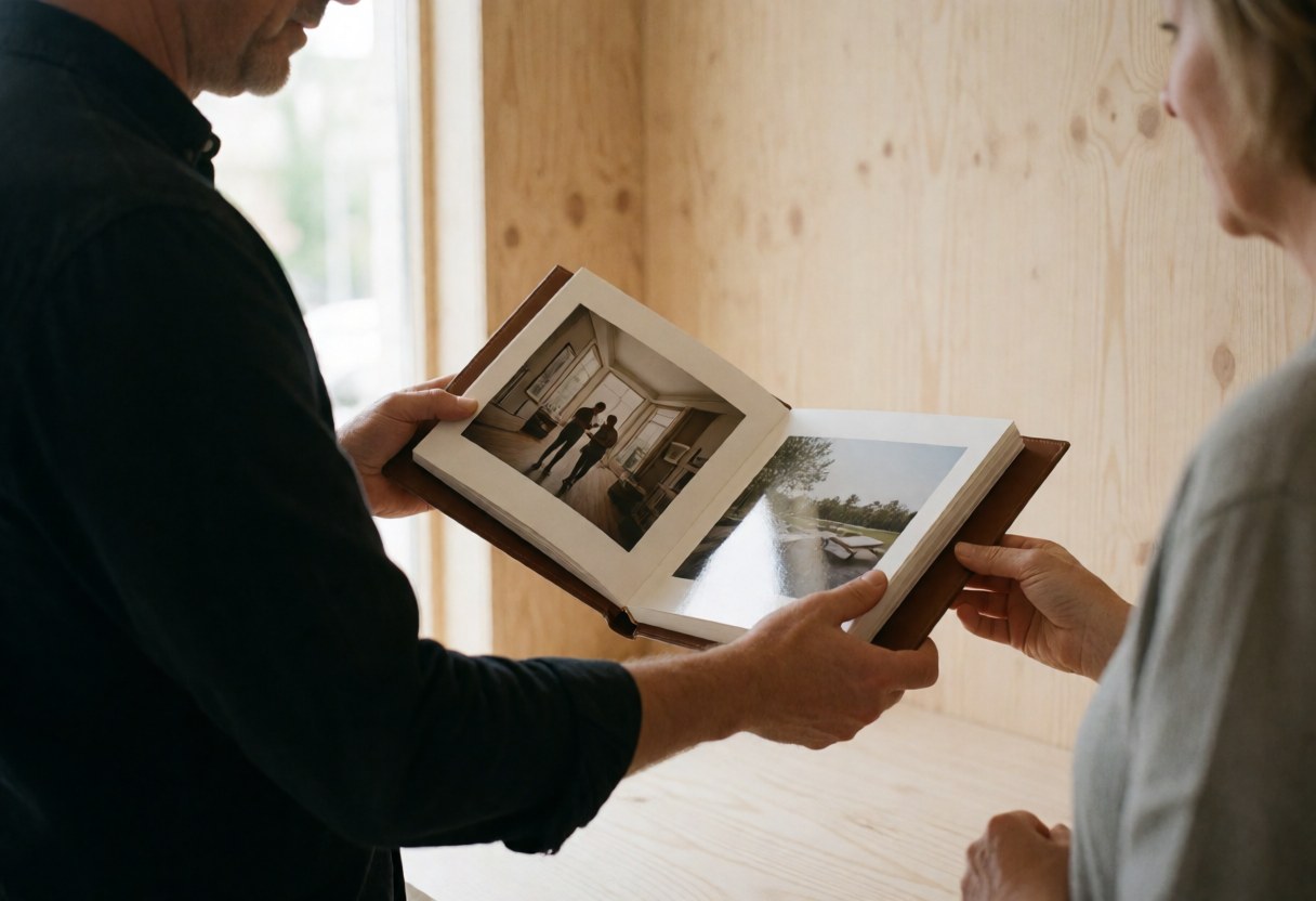 A professional photographer displays a high-quality photo album to a client in a modern studio with light wood walls.