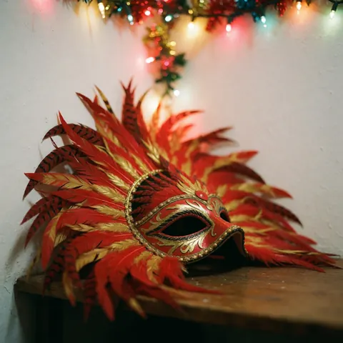 A carnival mask with red and gold feathers resting on a wooden surface with colorful lights in the background