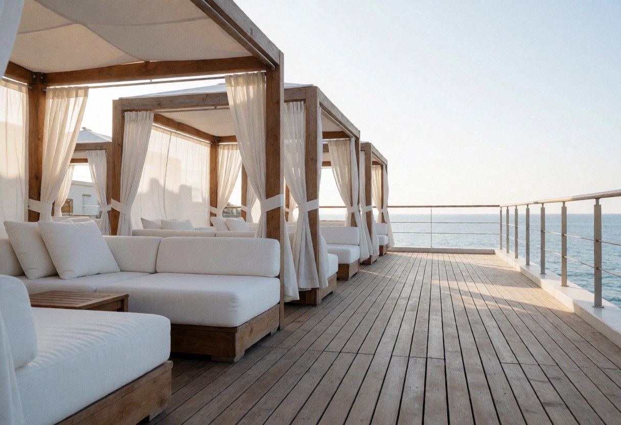 Elevated terrace featuring wooden cabanas with curtains, white sofas, and a sunny view of the ocean.