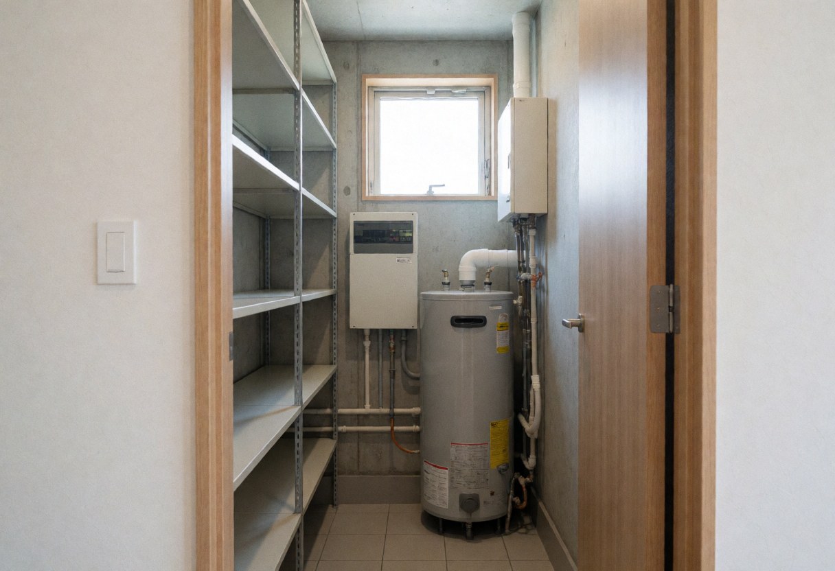 Utility room featuring a boiler, metal shelves, electrical panel, and window with natural light