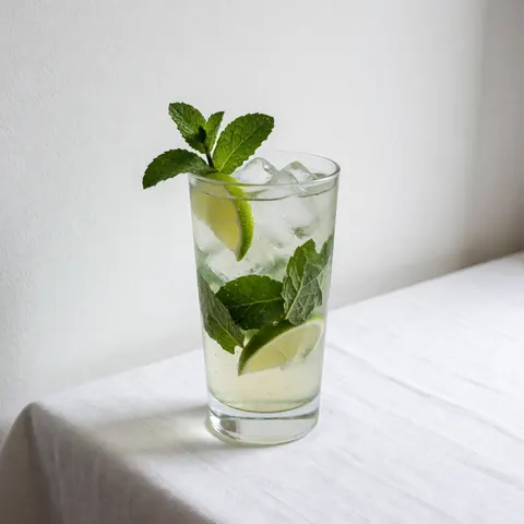 A refreshing mojito with ice, lime, and mint in a tall glass on a white tablecloth, lit by natural light.