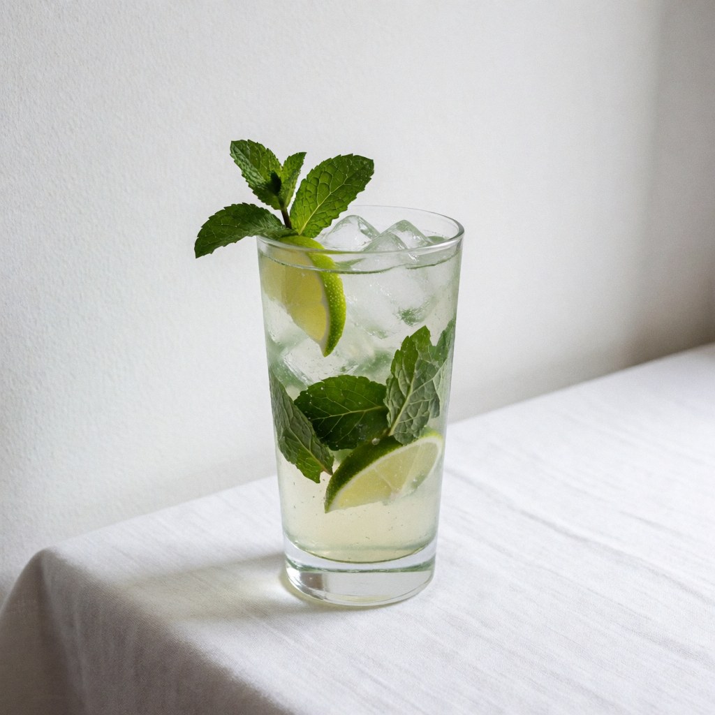 A refreshing mojito with ice, lime, and mint in a tall glass on a white tablecloth, lit by natural light.