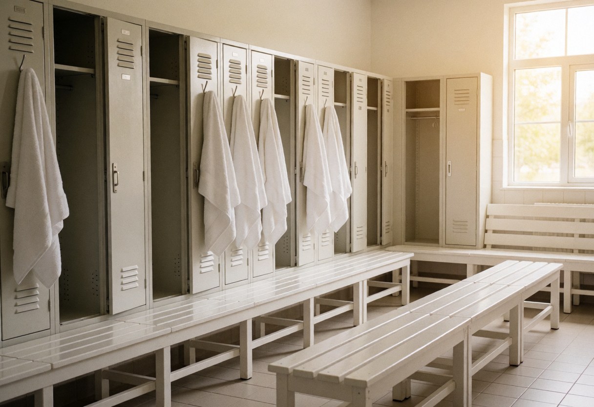 Clean and well-lit locker room featuring white benches, metal lockers, and hanging towels, suitable for a beach club setting.