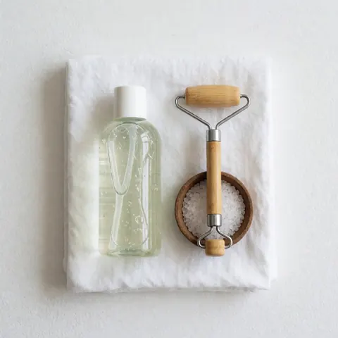 Aloe vera gel product and bamboo roller placed on a white towel, suitable for personal care promotion