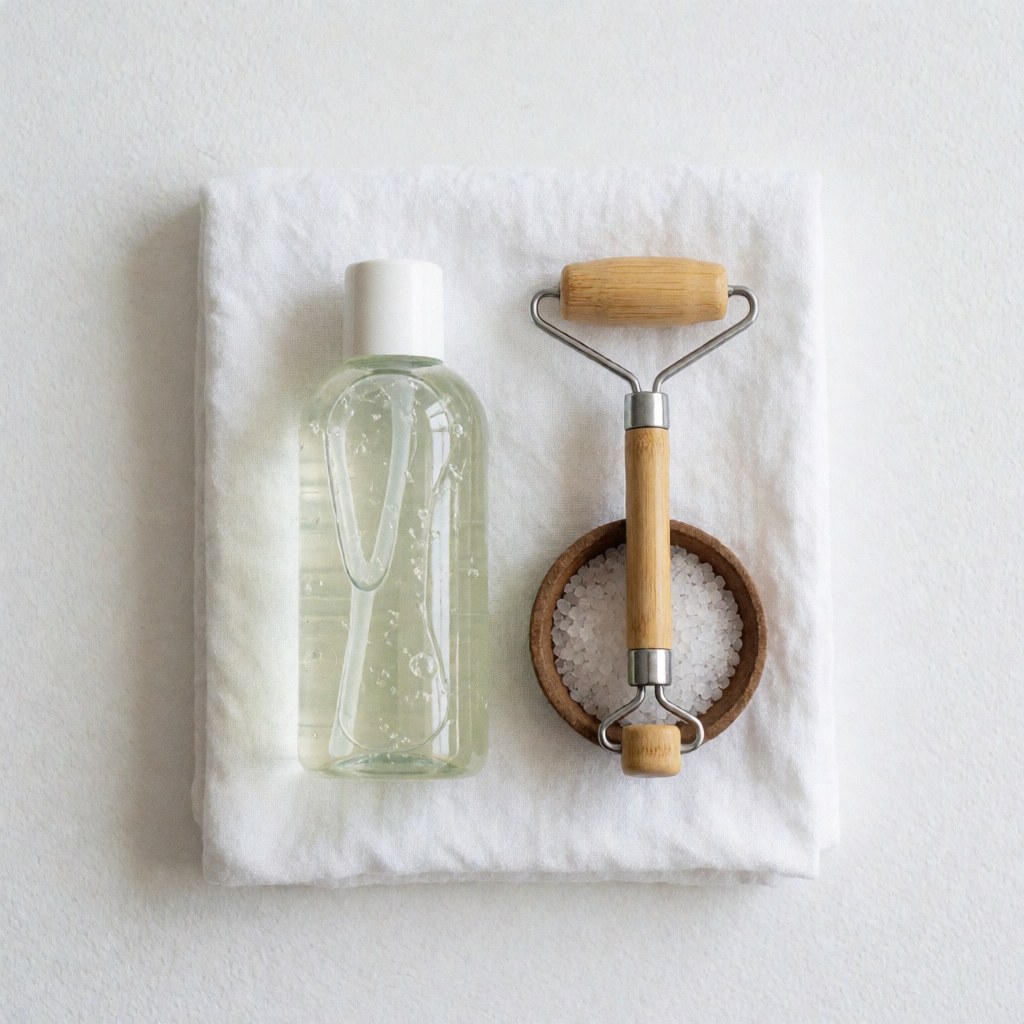 Aloe vera gel product and bamboo roller placed on a white towel, suitable for personal care promotion