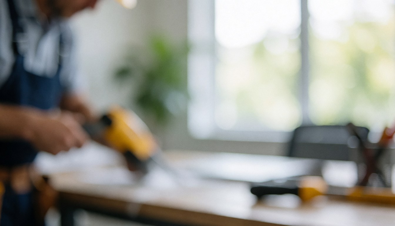 Blurred worker holding a power tool in an office with natural light, suitable for thermal insulation service backgrounds