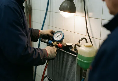 Mechanic wearing gloves uses a pressure gauge on a car radiator, with a green coolant container and work light nearby