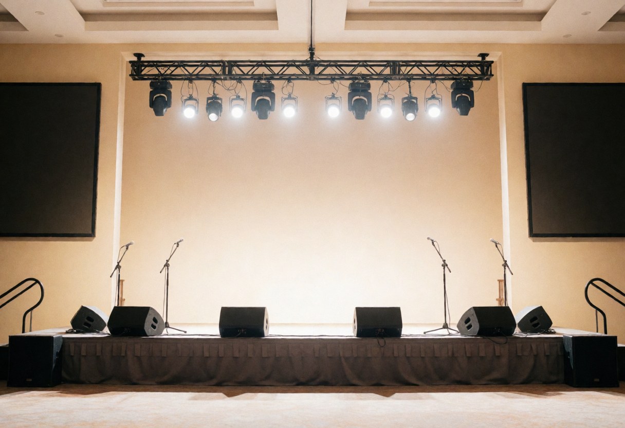 Empty event stage with lights, microphones, speakers, and large screens, beige walls, ready for presentations.