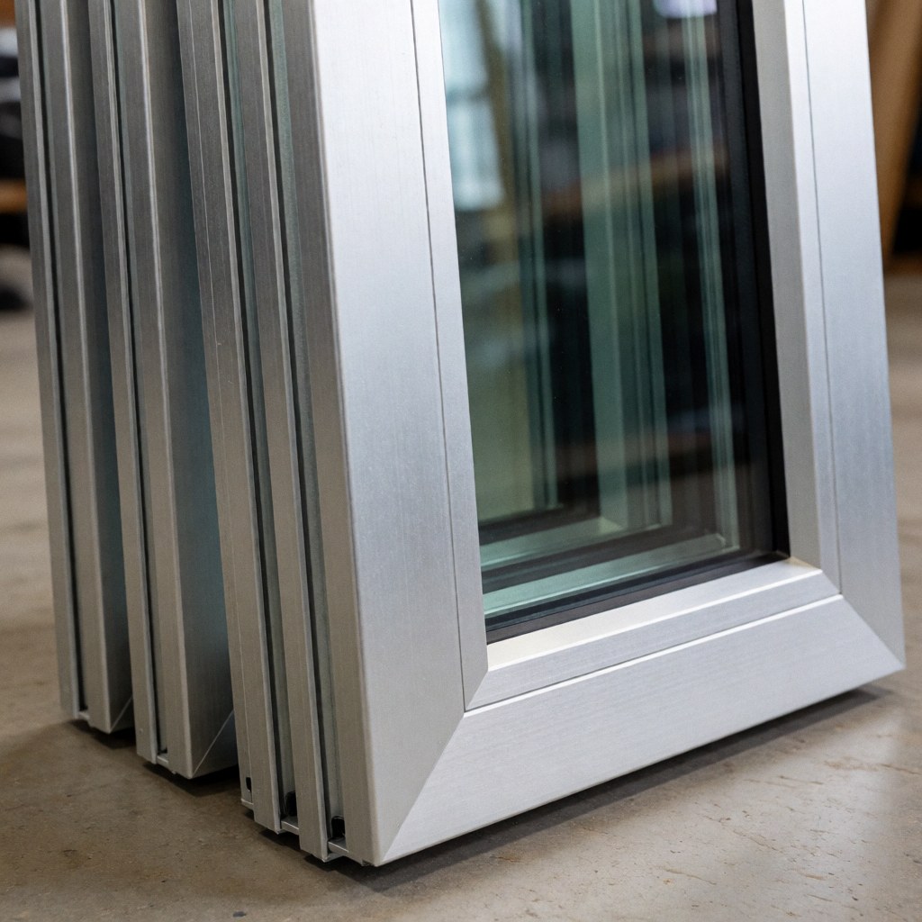 Matte finish anodized aluminum window frames ready for assembly on a concrete workshop floor