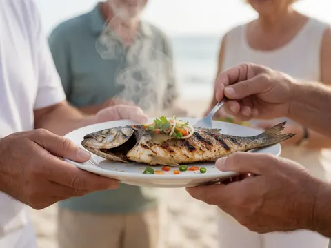 Steaming grilled fish on a white plate being served by hands on a beach with a blurred background