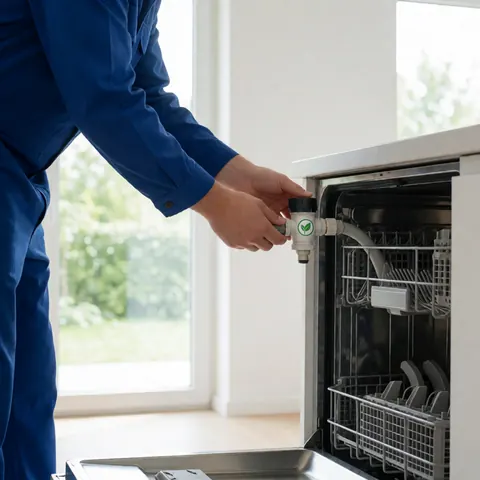Technician installing an eco-friendly water valve in a modern dishwasher within a bright kitchen with white walls and natural light.