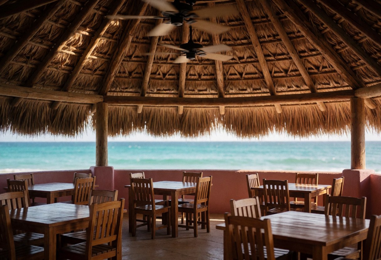 Wooden grill under a palapa roof with pink walls, wooden tables and chairs, fans, and natural light overlooking the sea