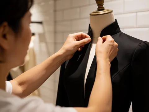 Close-up of hands adjusting the neckline of a black dress on a mannequin against a white tiled wall with warm lighting.