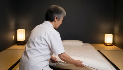 Shiatsu professional preparing a futon on tatami mats in a calm room with gray walls and warm lighting for a private treatment space