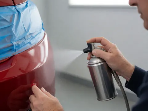 Close-up of a hand spraying protective coating on a red car bumper detail with blue tape in a workshop
